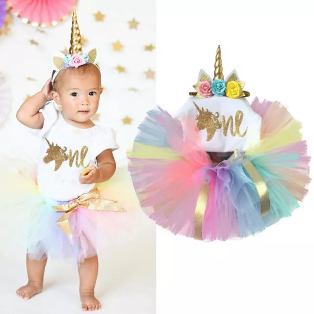 Baby Girls Unicorn Outfits 1st Birthday Romper + Tutu Skirts Dress Headband Set