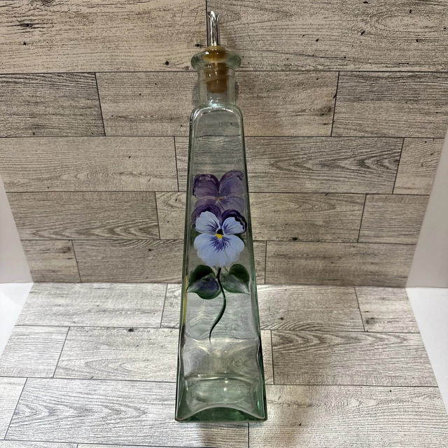 Oil Vinegar Glass Cruet Bottle Dispenser Hand Painted Pansies 12.5 X 2.75”