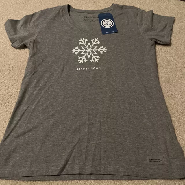 Life Is Good Crusher Tee Womens Grey Snowflake Short Sleeve T Shirt Size M