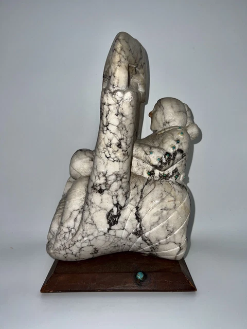 Native American Jemez Carved Stone & Turquoise Sculpture Signed Cliff Fragua 12”