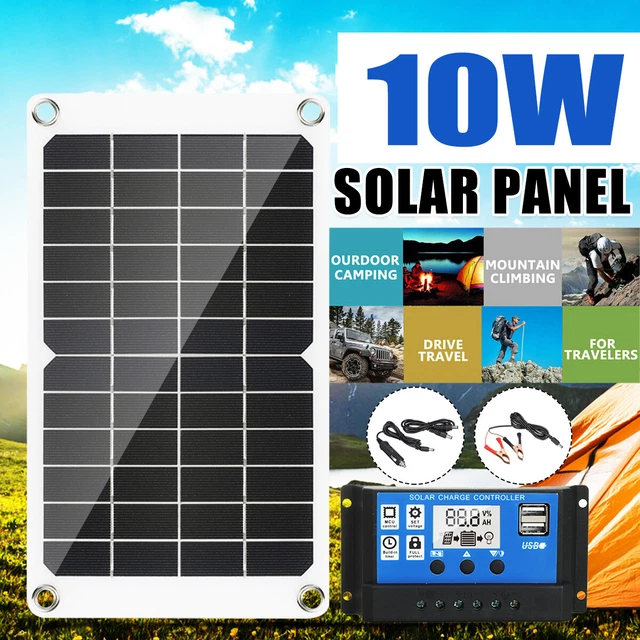 10W Panneau Solaire Monocrystalline Silicone Chargeur Batterie Kit 12V+ Manette