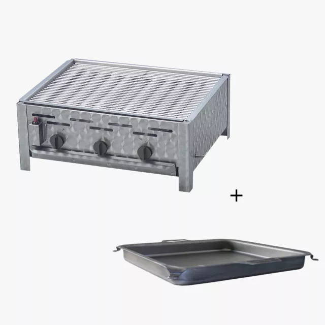 Gastrobräter Edelstahl 3 flammig, Gasgrill 65 x 53 cm m. Rost u. Pfanne H: 6 cm