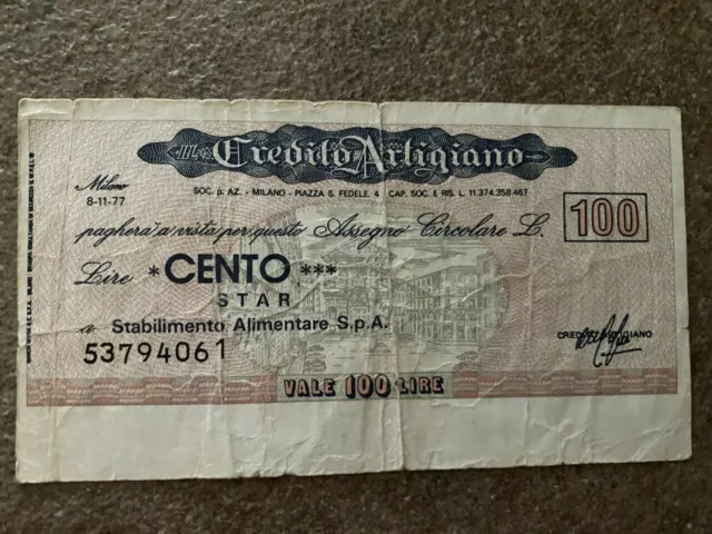 Assegno Circolare Il Credito Artigiano Milano 100 Lire 1977 Ds