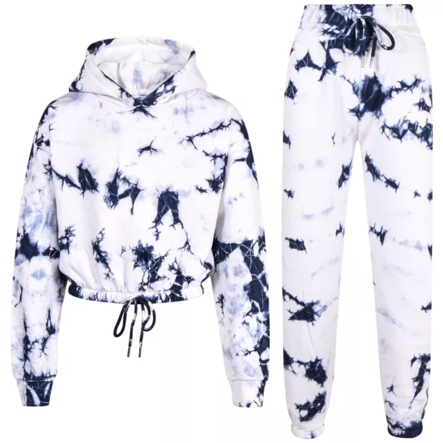 Kids Girls Tie Dye Navy Tracksuit Gym Cropped Hoodie Sweatpants Cord Outfit Set