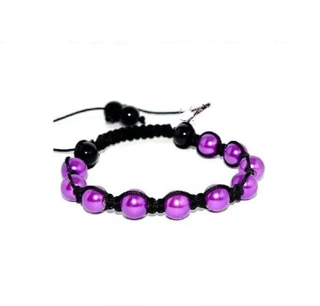 Bracelet  " Shamballa"cordon noir et perles mauve & noir, ajustable