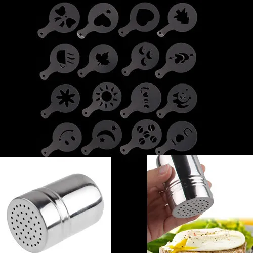 Stainless Steel Chocolate Shaker Duster+16pcs Cappuccino Coffee Barista Stencils