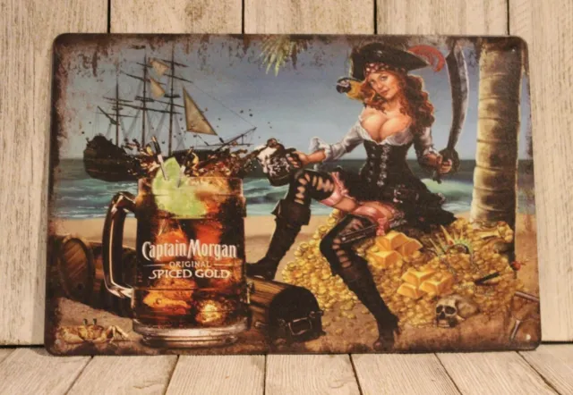 Captain Morgan Tin Metal Sign Sexy Pinup Girl Pirate Spiced Rum Vintage Look Bar