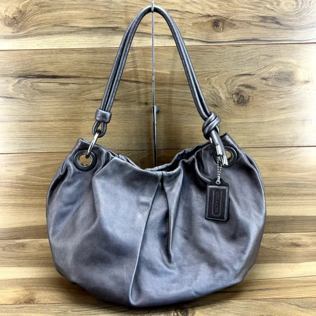 Coach Hobo Handbag Parker Pewter Metallic Gray Leather Pleated Slouchy Bag 14157