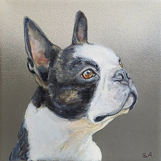ORIGINAL Dog Portrait painting happy BOSTON TERRIER puppy pet portrait ORIGINAL Dog Portrait painting happy BOSTON TERRIER puppy pet portrait