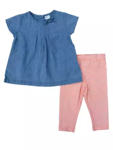 Carters Infant Girls Denim Shirt Striped Leggings Outift 2 Piece Set 3m