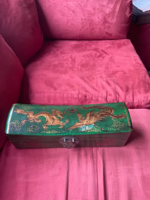 antique chinese dragon box early 1900's wood Lacquer covered paper bronze handle