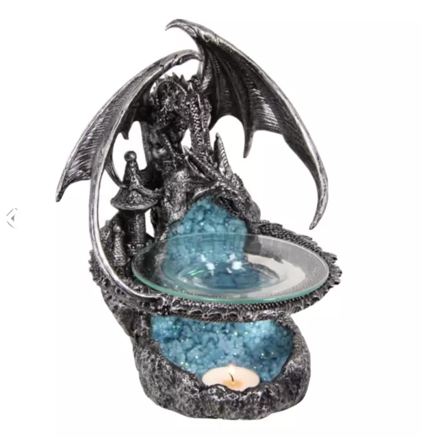 Silver/Black Dragon Oil Burner 23cm Gothic Statue Figurine - Brand New