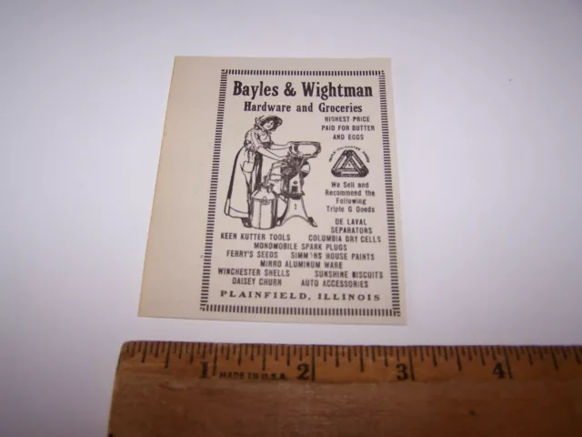 1918 BAYLES & WIGHTMAN HARDWARE & GROCERIES Paper Ad PLAINFIELD ILLINOIS