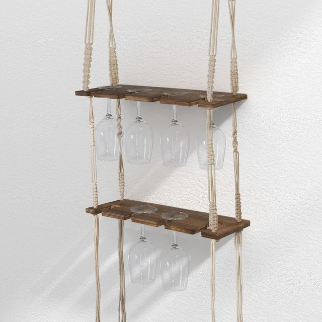 Rustic Wood Wine Rack Shelves - Wall Mounted 2-Tier Shelf for 8 Stemware Glasses