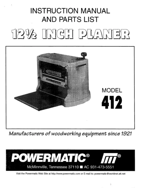 Portable Planer Instruction & Parts List Manual Powermatic Model 4 1-2 1998 P001