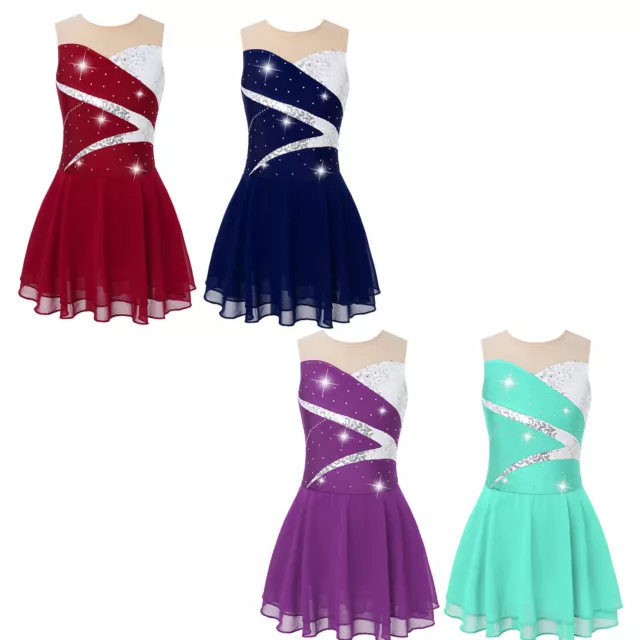 Girls Figure Ice Roller Skating Dress Shiny Sequin Gymnastics Leotard Dancewear