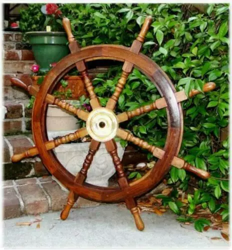 36 Inch Big Ship Steering Wheel Wooden Antique Teak Brass Nautical Pirate Ship's