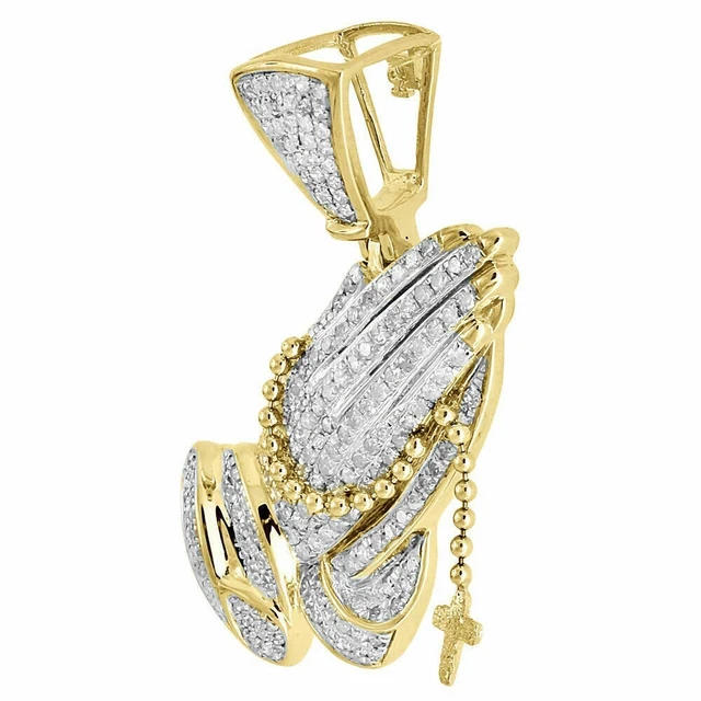Real Moissanite Praying Hands Rosary Pendant Mens 10K Yellow Gold Plated 1.00 CT Real Moissanite Praying Hands Rosary Pendant Mens 10K Yellow Gold Plated 1.00 CT