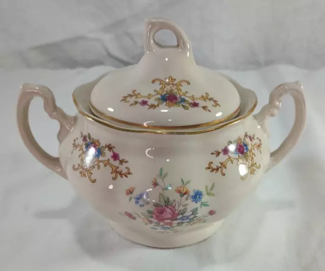 Vintage Chodziez Polish Pottery Floral Gold Trim Sugar Bowl with lid