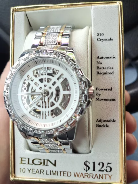 New Elgin mens automatic skeleton two tone With 210Crystals luxury watch-FG17000