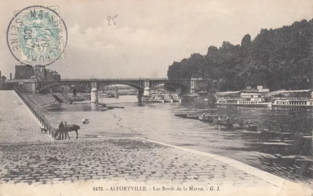 Antique postcard VAL-DE-MARNE ALFORTVILLE 1475 les banks de la Marne timb.