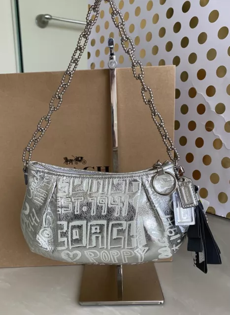 Nwt Coach Poppy Lmtd Ed Etched Silver Metallic Story Patch Satchel Bag 15892