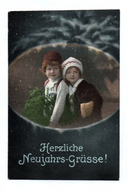 Ak Zwei kleine Mädchen mit Tannenzweigen 1917 Herzliche Neujahrsgrüße