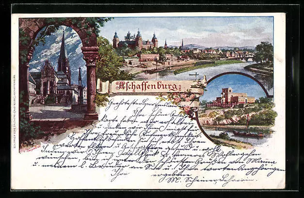 Künstler-AK Aschaffenburg, Ortspartie mit Kirche, Ortsansicht mit Fluss 1899