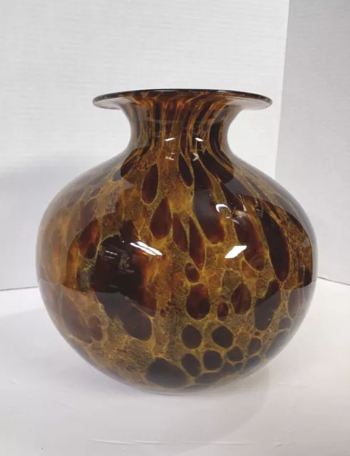 Blown glass vase leopard spots faux tortoiseshell large heavy round rolled rim