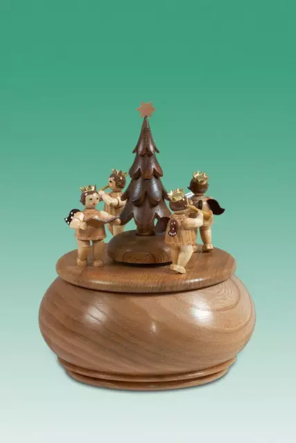 Spieldose Engelgruppe mit Tannenbaum natur d = 15 cm NEU Spieluhr Musikdose Holz