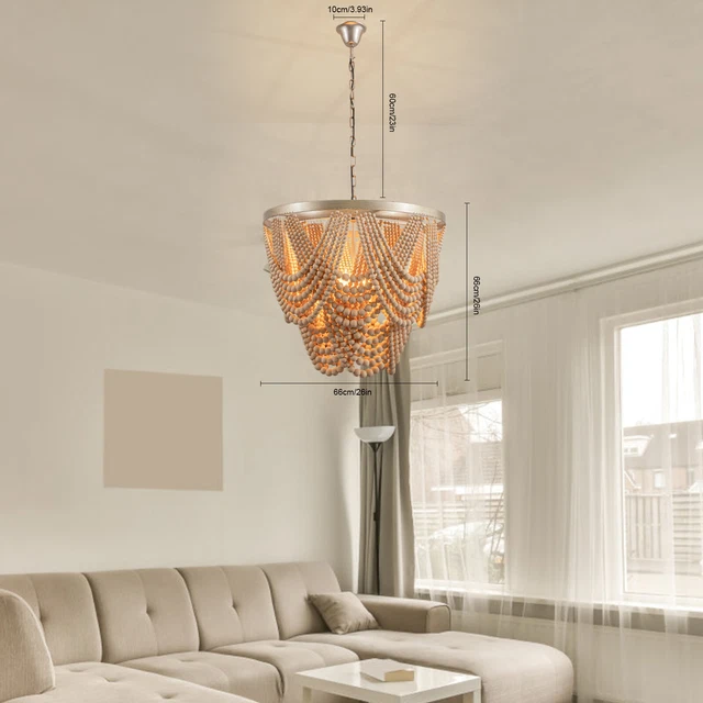 Farmhouse Wood Bead Chandelier Dimmable Pendant Light Bedroom Ceiling Light