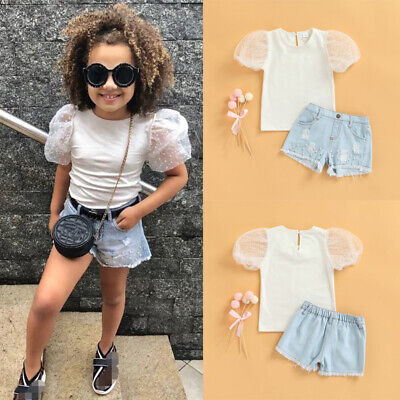 Toddler Baby Kids Girls Denim Shorts Lace T-shirt Tops Summer Outfits Clothes