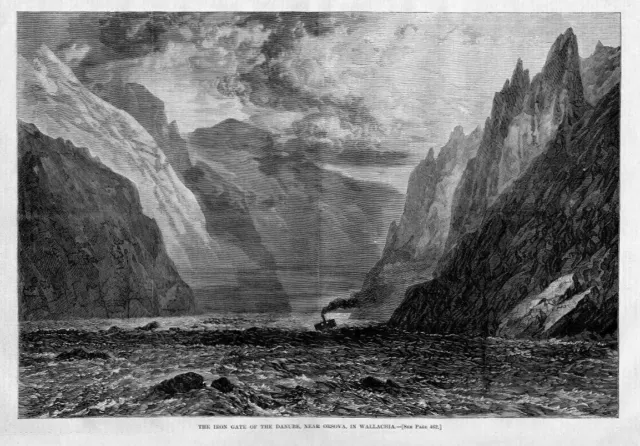 Iron Gate Of The Danube River Near Orsova In Wallachia Boat Mountains Engraving