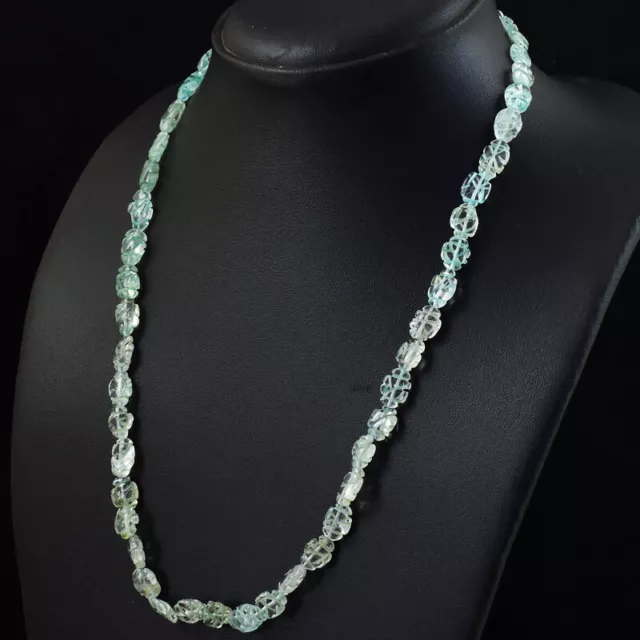 100.00 Cts Natural Blue Aquamarine Oval Shape Carved Beads Necklace JK 10E162