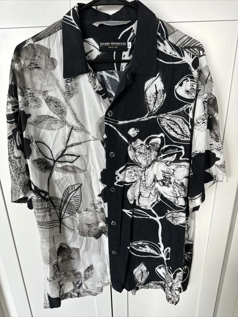 Vintage JAMS World Mens Hawaiian Shirt large Button Up Black White Floral S/S