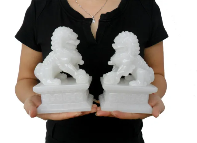 Chinese Old Marked White Pair Lion Palace Porcelain Foo Dog Figure Curve  Statue
