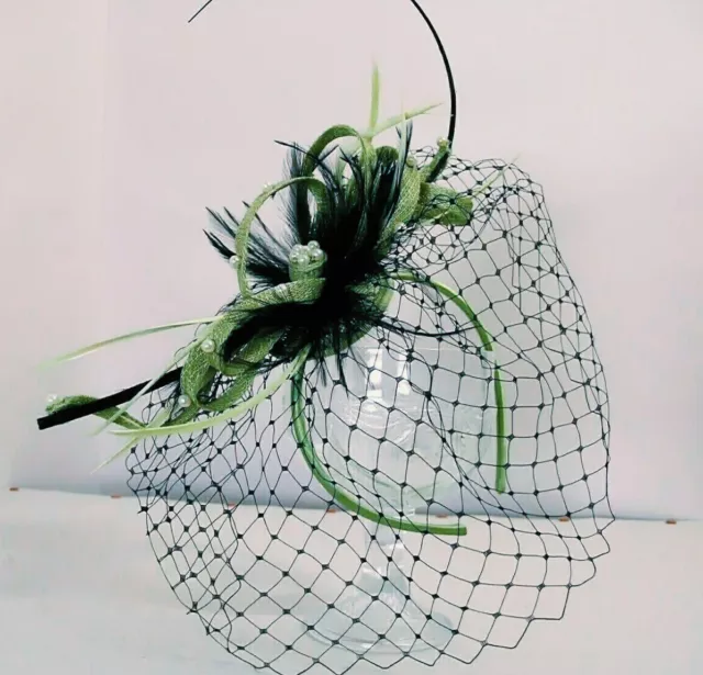 Gold Woman Fascinator Green Lime/Black Veil Capon Feather Pearl Japanese Style