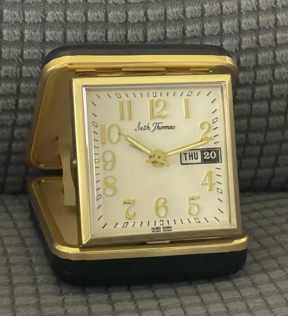 VINTAGE SETH THOMAS Wind Up Folding Travel Alarm Clock Day-Date-Glows ...