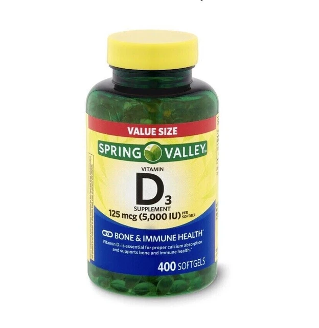 SPRING VALLEY VITAMIN D3 Softgels, 125 mcg per Softgel, 5,000 IU, 400