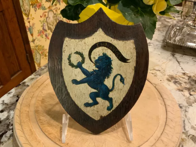 Antique English Small Oak Wood Hand Carved & Painted Shield Plaque C1890