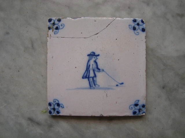 18th century delft handpainted dutch  tile,around 1790 , golf, sport  kolf