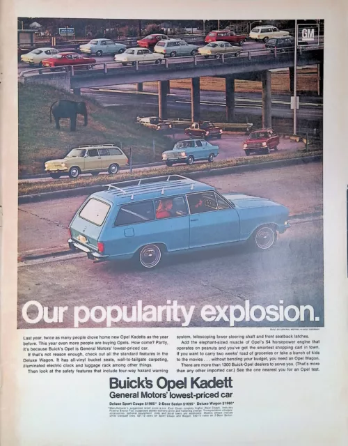 Print Ad GM Blue Opel Kadett Deluxe Station Wagon Freeway 1960's Cars Elephant