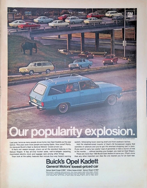 Print Ad GM Blue Opel Kadett Deluxe Station Wagon Freeway 1960's Cars Elephant