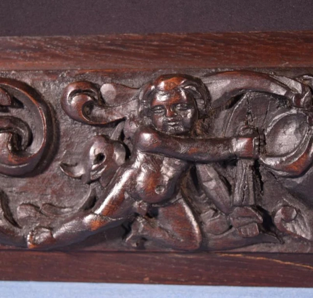 *French Antique Highly Carved Architectural Trim Panel in Solid Oak w/Cherubs 10