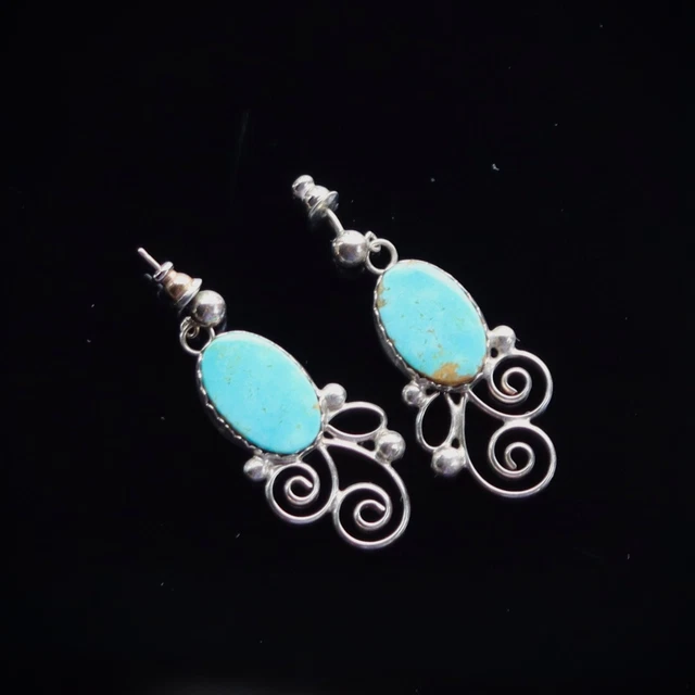 Sterling Silver Signed Navajo Turquoise Pendant Drop Stud Post Earrings