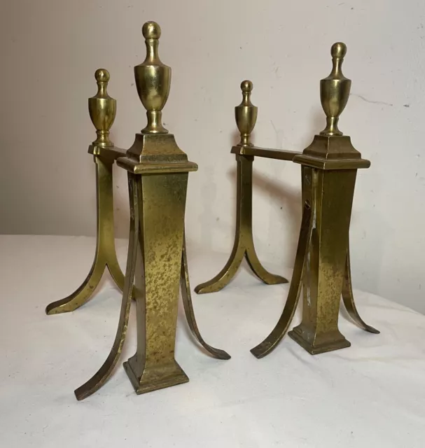 pair of 2 antique 19th century Victorian brass fireplace andirons fire dogs rest