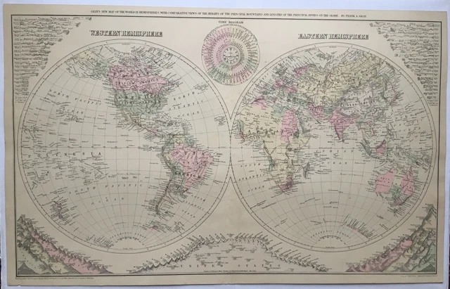 ORIGINAL 1879 WORLD Hemisphere Map Eastern Western Rivers Mountains Old ORIGINAL 1879 WORLD Hemisphere Map Eastern Western Rivers Mountains Old