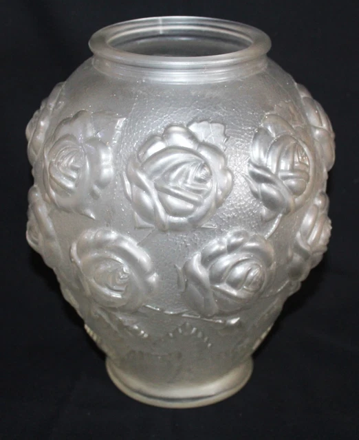VINTAGE CZECH JOSEF Inwald Barolac Frosted Glass Large Vase Roses