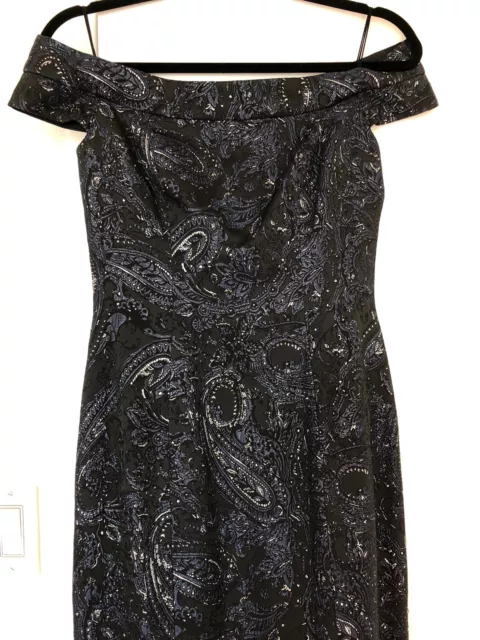 NWT Carmen Marc Valvo Brocade Off Shoulder Black Blue Metallic Gown 2