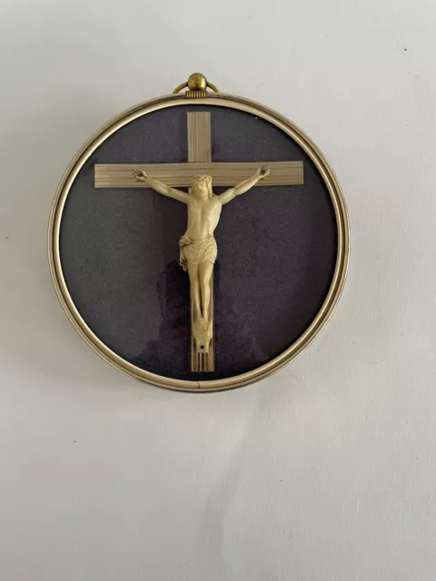 Vintage Artilux Glass Dome Convex Frame Jesus Christ Cross Crucifix Wall  #907